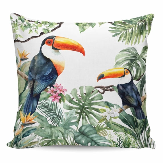 Throw Pillow Covers 18x18 Inch, Green Leaves Birds Decorative Pillow Cases for Couch Sofa Bed, Summer Botanical Watercolor Cotton Linen Square Home Decor Pillowcases with Hidden Zipper