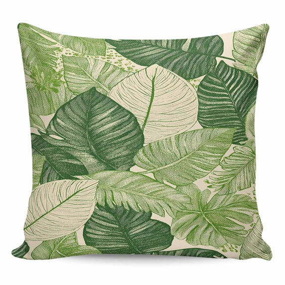 Throw Pillow Covers 18x18 Inch, Green Leaves Decorative Pillow Cases for Couch Sofa Bed, Vintage Summer Tropical Leaf Floral Cotton Linen Square Home Decor Pillowcases with Hidden Zipper