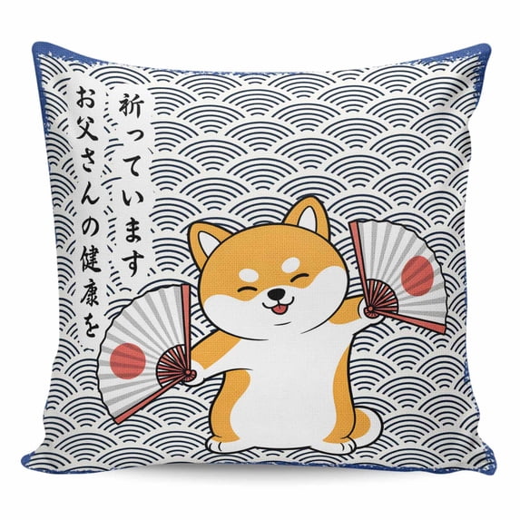 Throw Pillow Covers 18x18 Inch, Japanese Cute Dogs Decorative Pillow Cases for Couch Sofa Bed, Navy Blue Modern Abstract Waves Cotton Linen Square Home Decor Pillowcases with Hidden Zipper