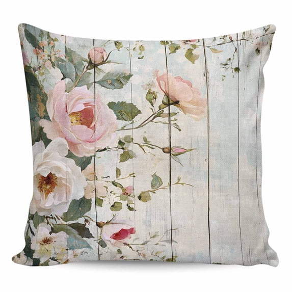 Throw Pillow Covers 18x18 Inch, Pink White Floral Decorative Pillow Cases for Couch Sofa Bed, Spring Leaves Garden Pastoral Country Cotton Linen Square Home Decor Pillowcases with Hidden Zipper