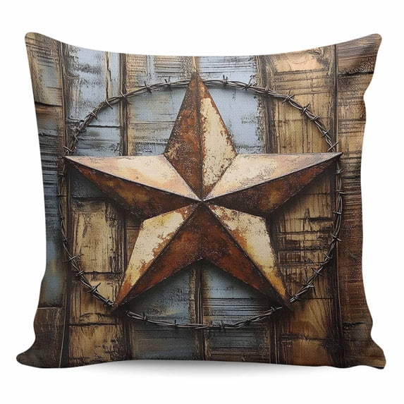 Throw Pillow Covers 18x18 Inch, Rustic Star Brown Decorative Pillow Cases for Couch Sofa Bed, Vintage Farmhouse Wooden Grain Art Cotton Linen Square Home Decor Pillowcases with Hidden Zipper