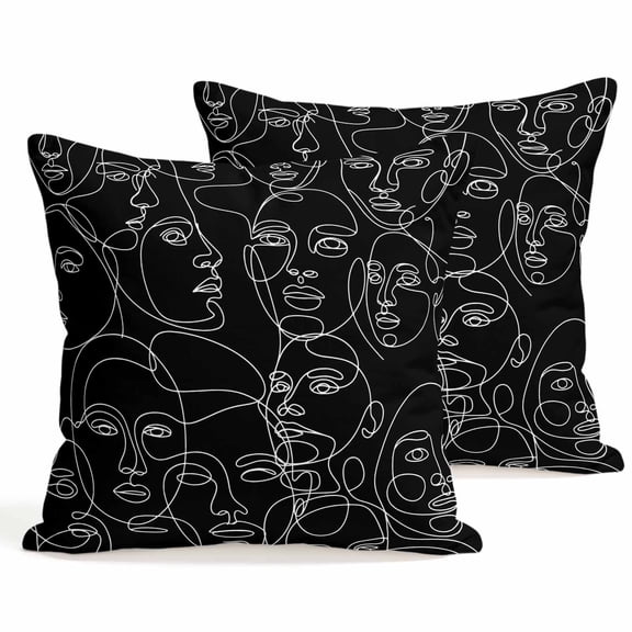 Throw Pillow Covers 18x18 Inch Set of 2 Abstract Human Face Decorative Pillows Cushion Case Soft Square Pillowcases Aesthetic Portrait Lines Black Throw Pillows for Couch Sofa Bed Chair Home Decor