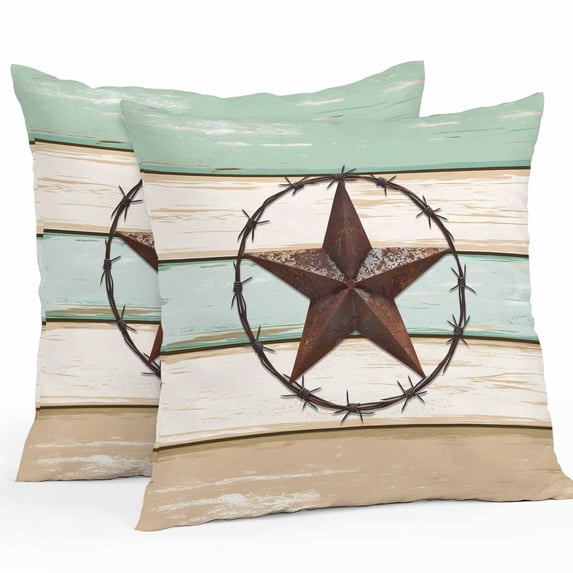 Throw Pillow Covers 18x18 Inch Set of 2, Beige Sage Green Texas Star Waterproof Outdoor Pillow Covers, Vintage Stars Wooden Decorative Cushion Pillowcases for Couch, Sofa, Bed, Garden, Patio