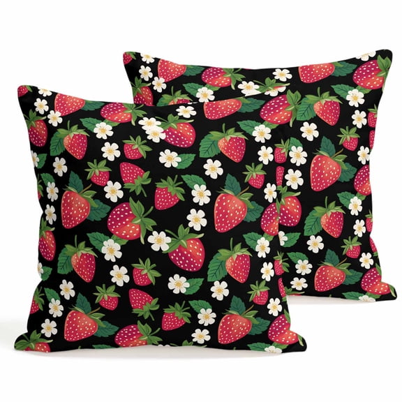 Throw Pillow Covers 18x18 Inch Set of 2 Black Strawberry Decorative Pillows Cushion Case Soft Square Pillowcases Cute Floral Fruit Throw Pillows for Couch Sofa Bed Chair Home Decor