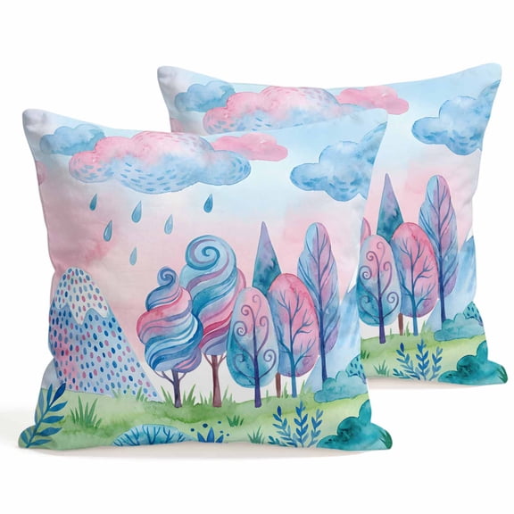 Throw Pillow Covers 18x18 Inch Set of 2 Blue Pink Could Rain Drop Decorative Pillows Cushion Case Soft Square Pillowcases Forest Tree Mountain Throw Pillows for Couch Sofa Bed Chair Home Decor
