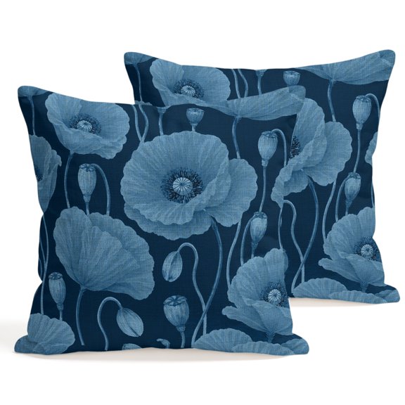 Throw Pillow Covers 18x18 Inch Set of 2 Blue Poppy Blossom Decorative Pillows Cushion Case Soft Square Pillowcases Elegant Floral Buds Throw Pillows for Couch Sofa Bed Chair Home Decor