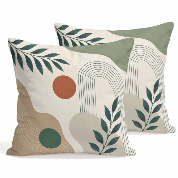Throw Pillow Covers 18x18 Inch Set of 2 Boho Green Palm Leaves Decorative Pillows Cushion Case Soft Square Pillowcases Tropical Bohemian Lines Throw Pillows for Couch Sofa Bed Chair Home Decor