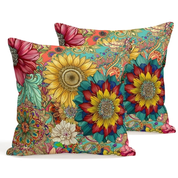 Throw Pillow Covers 18x18 Inch Set of 2 Boho Paisley Swirls Decorative Pillows Cushion Case Soft Square Pillowcases Vibrant Bohemian Sunflowers Throw Pillows for Couch Sofa Bed Chair Home Decor