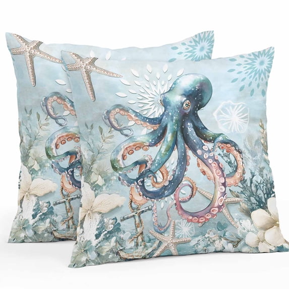 Throw Pillow Covers 18x18 Inch Set of 2, Coastal Octopus Waterproof Outdoor Pillow Covers, Summer Beach Vintage Ocean Coral Decorative Cushion Pillowcases for Couch, Sofa, Bed, Garden, Patio