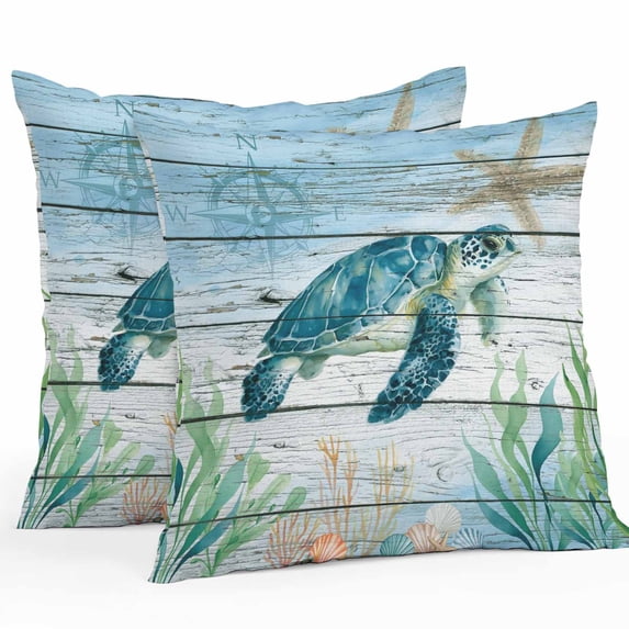 Throw Pillow Covers 18x18 Inch Set of 2, Coastal Turtle Waterproof Outdoor Pillow Covers, Nautical Ocean Shells Seaweeds Starfish Decorative Cushion Pillowcases for Couch, Sofa, Bed, Garden, Patio