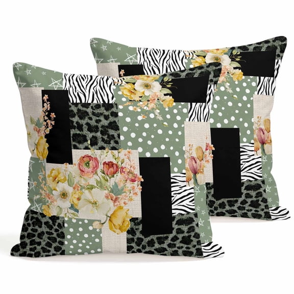 Throw Pillow Covers 18x18 Inch Set of 2 Floral Patchwork Collage Decorative Pillows Cushion Case Soft Square Pillowcases Green Zebra Leopard Print Throw Pillows for Couch Sofa Bed Chair Home Decor