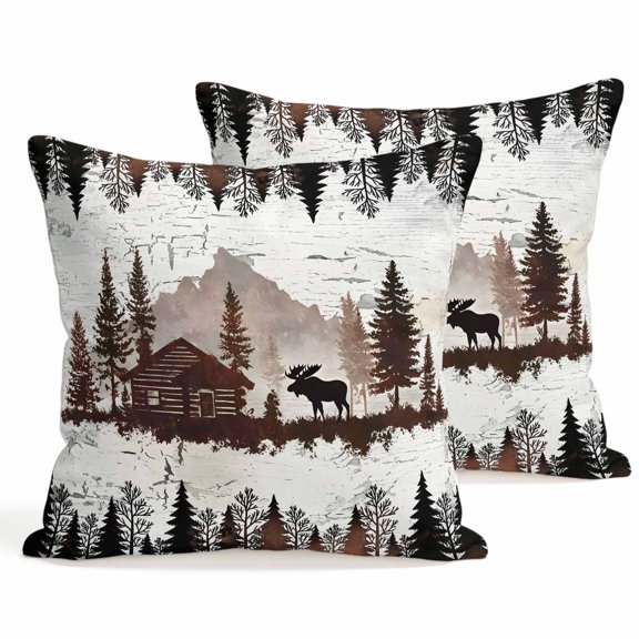 Throw Pillow Covers 18x18 Inch Set of 2 Forest Moose Decorative Pillows Cushion Case Soft Square Pillowcases Log Cabin Animal Pine Tree Woodland Throw Pillows for Couch Sofa Bed Chair Home Decor