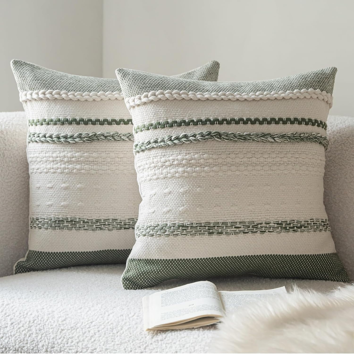 Throw Pillow Covers 18x18 Inch Set of 2, Green Textured Decorative Couch Pillow Cases for Farmhouse Home Decor, Accent Cushion Cover for Sofa, Bed, Living Room, Bedroom