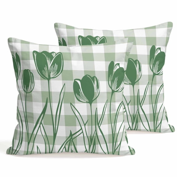 Throw Pillow Covers 18x18 Inch Set of 2 Green Tulip Flowers Decorative Pillows Cushion Case Soft Square Pillowcases Floral Buffalo Plaid Throw Pillows for Couch Sofa Bed Chair Home Decor