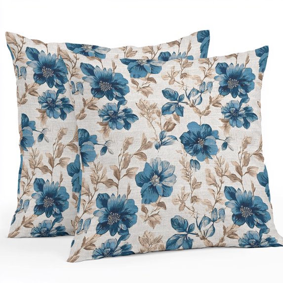 Throw Pillow Covers 18x18 Inch Set of 2, Indigo Florals Waterproof Outdoor Pillow Covers, Farm Botanical Peonies Vintage Brown Leaves Decorative Cushion Pillowcases for Patio Garden Couch Bed