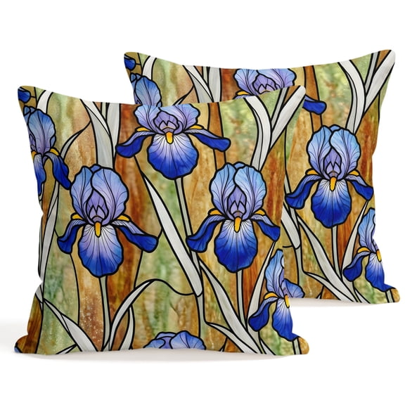 Throw Pillow Covers 18x18 Inch Set of 2 Iris Flowers Vines Decorative Pillows Cushion Case Soft Square Pillowcases Floral Branches Stained Glass Throw Pillows for Couch Sofa Bed Chair Home Decor
