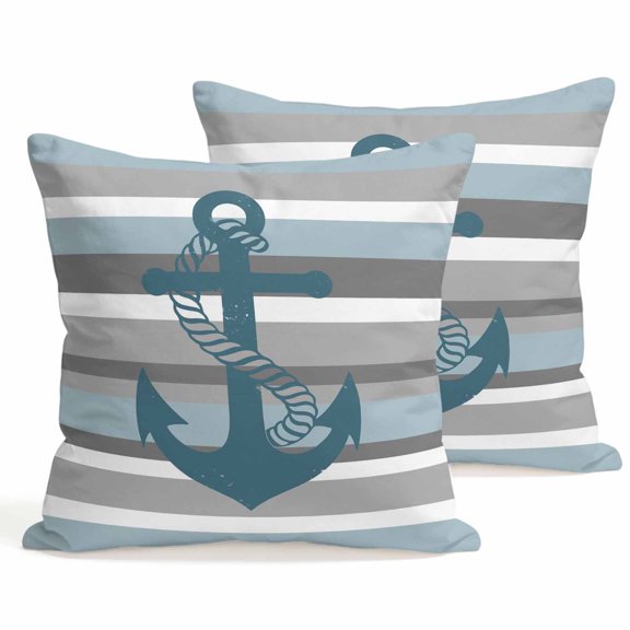 Throw Pillow Covers 18x18 Inch Set of 2 Nautical Anchor Decorative Pillows Cushion Case Soft Square Pillowcases Haze Blue Grey Stripes Throw Pillows for Couch Sofa Bed Chair Home Decor