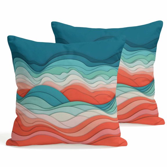 Throw Pillow Covers 18x18 Inch Set of 2 Ombre Turquoise Pink Decorative Pillows Cushion Case Soft Square Pillowcases Abstract Mountain Waves Lines Throw Pillows for Couch Sofa Bed Chair Home Decor