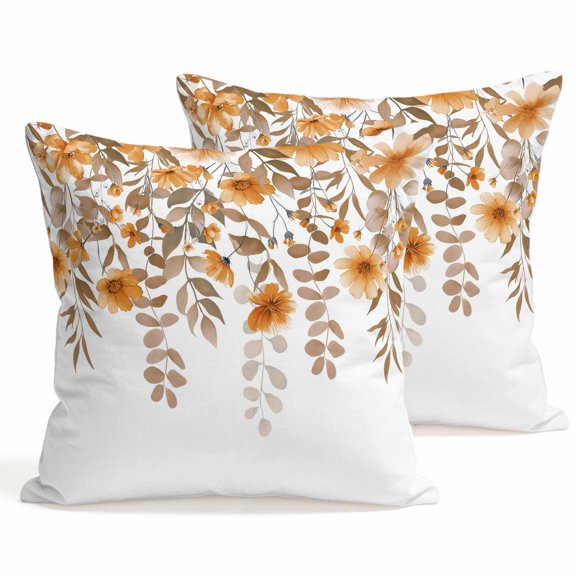 Throw Pillow Covers 18x18 Inch Set of 2 Orange Floral Decorative Pillows Cushion Case Soft Square Pillowcases Grey Eucalyptus Leaves Throw Pillows for Couch Sofa Bed Chair Home Decor