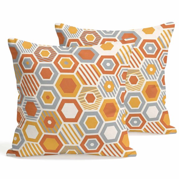 Throw Pillow Covers 18x18 Inch Set of 2 Orange Gray Hexagon Decorative Pillows Cushion Case Soft Square Pillowcases Abstract Geometric Art Throw Pillows for Couch Sofa Bed Chair Home Decor