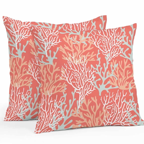 Throw Pillow Covers 18x18 Inch Set of 2, Orange Red Coral Coastal Waterproof Outdoor Pillow Covers, Ocean Nautical Seaside Beach Decorative Cushion Pillowcases for Couch, Sofa, Bed, Garden, Patio