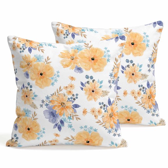 Throw Pillow Covers 18x18 Inch Set of 2 Orange Watercolor Floral Decorative Pillows Cushion Case Soft Square Pillowcases Spring Flower Leaves Throw Pillows for Couch Sofa Bed Chair Home Decor