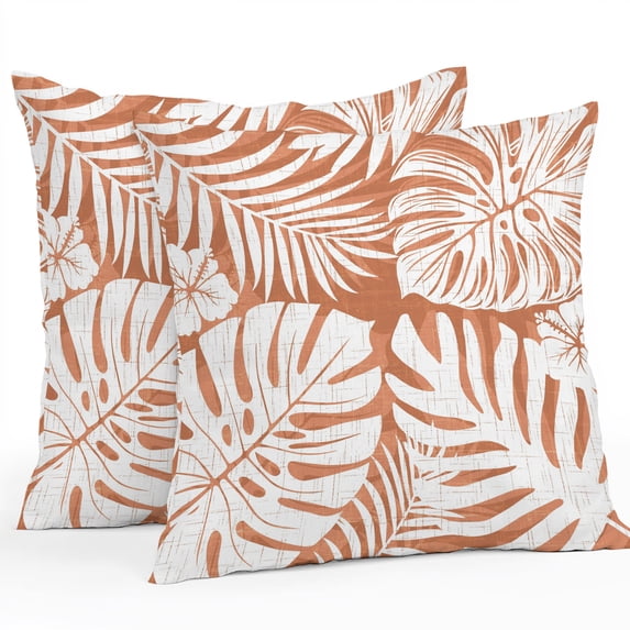 Throw Pillow Covers 18x18 Inch Set of 2, Palm Tree Monstera Waterproof Outdoor Pillow Covers, Amber Orange Leaf Boho Botanical Tropical Decorative Cushion Pillowcases for Patio Garden Couch Bed