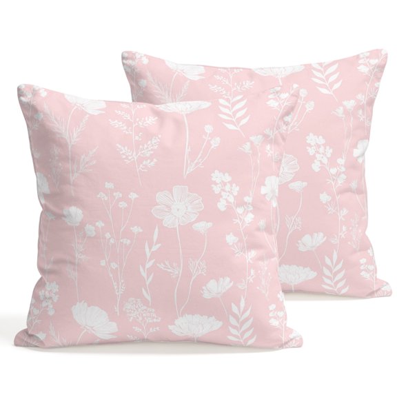 Throw Pillow Covers 18x18 Inch Set of 2 Pink Spring Wildflowers Decorative Pillows Cushion Case Soft Square Pillowcases Fern Leaves Bloom Throw Pillows for Couch Sofa Bed Chair Home Decor