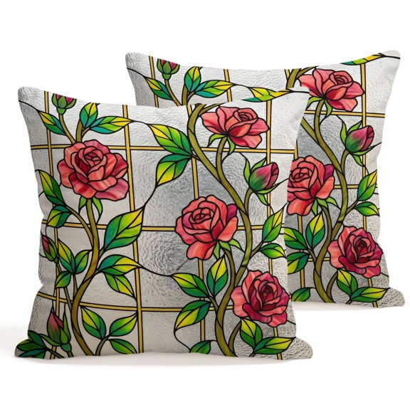 Throw Pillow Covers 18x18 Inch Set of 2 Red Roses Vines Decorative Pillows Cushion Case Soft Square Pillowcases Floral Branches Stained Glass Throw Pillows for Couch Sofa Bed Chair Home Decor