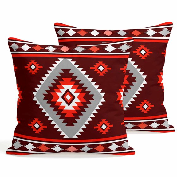 Throw Pillow Covers 18x18 Inch Set of 2 Red Tribal Geometric Decorative Pillows Cushion Case Soft Square Pillowcases Bohemian Vintage Native Abstract Throw Pillows for Couch Sofa Bed Chair Decor