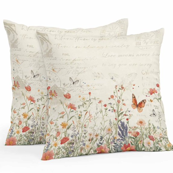 Throw Pillow Covers 18x18 Inch Set of 2, Retro Spring Floral Waterproof Outdoor Pillow Covers, Botanical Colorful Summer Butterfly Decorative Cushion Pillowcases for Couch, Sofa, Bed, Garden, Patio