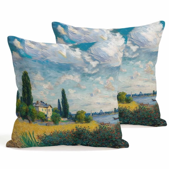 Throw Pillow Covers 18x18 Inch Set of 2 Riverside Villa Decorative Pillows Cushion Case Soft Square Pillowcases Sky Cloud Wheat Field Oil Painting Throw Pillows for Couch Sofa Bed Chair Home Decor