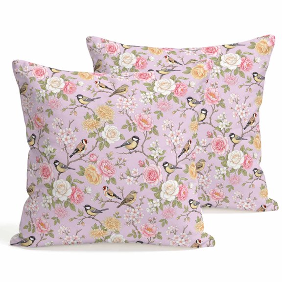 Throw Pillow Covers 18x18 Inch Set of 2 Spring Flowers Bird Decorative Pillows Cushion Case Soft Square Pillowcases Pink Floral Branches Throw Pillows for Couch Sofa Bed Chair Home Decor
