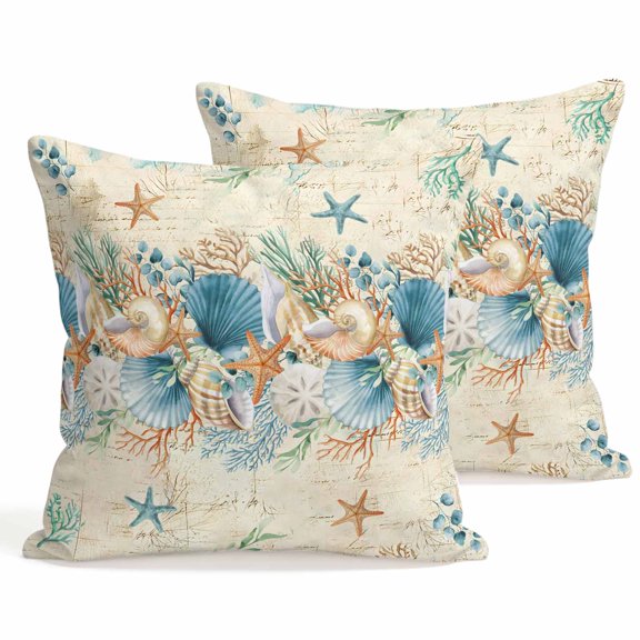 Throw Pillow Covers 18x18 Inch Set of 2 Starfish Conch Shell Decorative Pillows Cushion Case Soft Square Pillowcases Ocean Coral Seagrass Retro Throw Pillows for Couch Sofa Bed Chair Home Decor