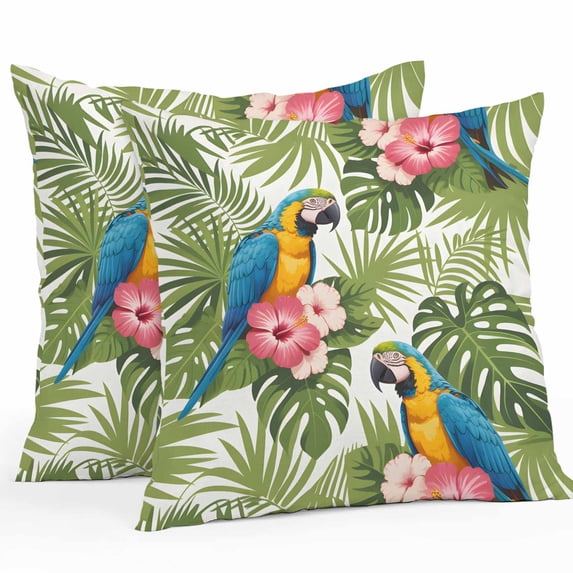 Throw Pillow Covers 18x18 Inch Set of 2, Summer Waterproof Outdoor Pillow Covers, Botanical Palm Leaves Flower Bird Animals Plants Decorative Cushion Pillowcases for Couch, Sofa, Bed, Garden, Patio