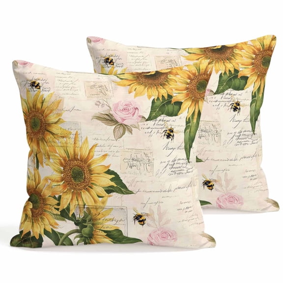 Throw Pillow Covers 18x18 Inch Set of 2 Sunflower Decorative Pillows Cushion Case Soft Square Pillowcases Vintage Floral Dragonfly Throw Pillows for Couch Sofa Bed Chair Home Decor