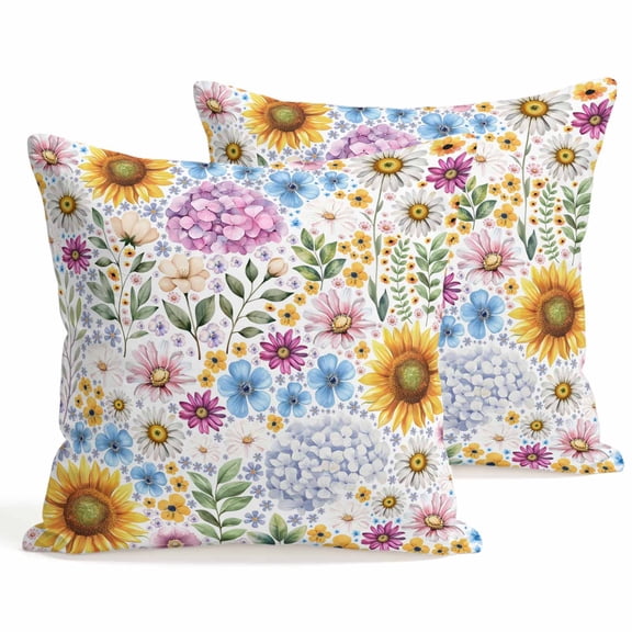 Throw Pillow Covers 18x18 Inch Set of 2 Sunflowers Hydrangea Floral Decorative Pillows Cushion Case Soft Square Pillowcases Daisy Green Leaves Throw Pillows for Couch Sofa Bed Chair Home Decor