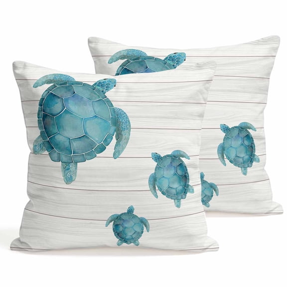 Throw Pillow Covers 18x18 Inch Set of 2 Teal Blue Sea Turtle Decorative Pillows Cushion Case Soft Square Pillowcases Ocean Wood Grain Throw Pillows for Couch Sofa Bed Chair Home Decor