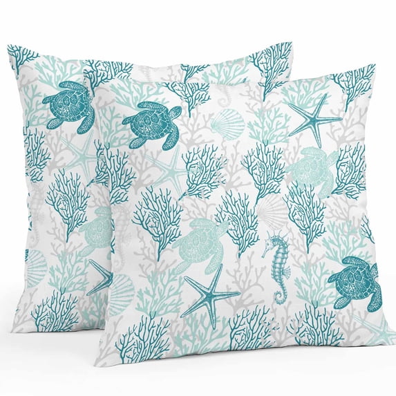 Throw Pillow Covers 18x18 Inch Set of 2, Turquoise Coastal Waterproof Outdoor Pillow Covers, Sea Turtle Nautical Coral Summer Beach Decorative Cushion Pillowcases for Couch, Sofa, Bed, Garden, Patio