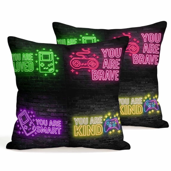 Throw Pillow Covers 18x18 Inch Set of 2 Video Game Decorative Pillows Cushion Case Soft Square Pillowcases Shiny Gaming Icons Playing Gamer Throw Pillows for Couch Sofa Bed Chair Home Decor