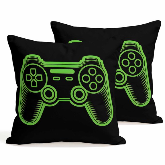 Throw Pillow Covers 18x18 Inch Set of 2 Video Games Controller Decorative Pillows Cushion Case Soft Square Pillowcases Black Green Gaming Console Throw Pillows for Couch Sofa Bed Chair Home Decor