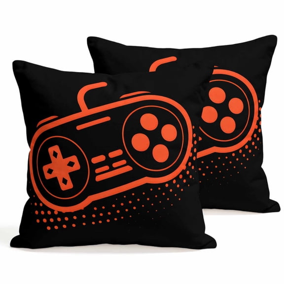 Throw Pillow Covers 18x18 Inch Set of 2 Video Games Controller Decorative Pillows Cushion Case Soft Square Pillowcases Black Orange Gaming Console Throw Pillows for Couch Sofa Bed Chair Home Decor