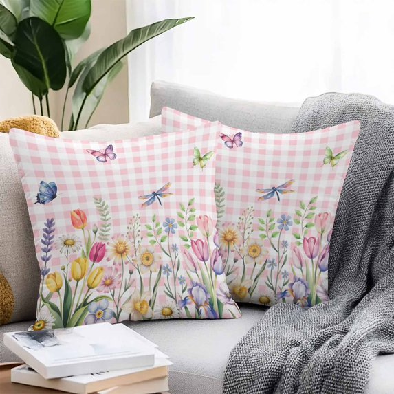 Throw Pillow Covers 18x18 Inch Set of 2, Wildflowers Waterproof Outdoor Pillow Covers, Spring Watercolor Tulip Floral Leaf Pink Plaid Decorative Cushion Pillowcases for Couch, Sofa, Bed, Patio