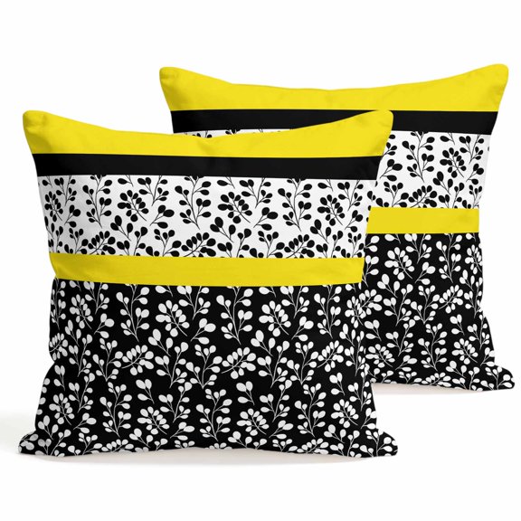 Throw Pillow Covers 18x18 Inch Set of 2 Yellow Black Leaves Decorative Pillows Cushion Case Soft Square Pillowcases Stitching Stripes Throw Pillows for Couch Sofa Bed Chair Home Decor