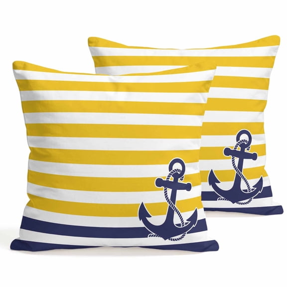 Throw Pillow Covers 18x18 Inch Set of 2 Yellow Stripes Decorative Pillows Cushion Case Soft Square Pillowcases Navy Blue Nautical Anchor Throw Pillows for Couch Sofa Bed Chair Home Decor
