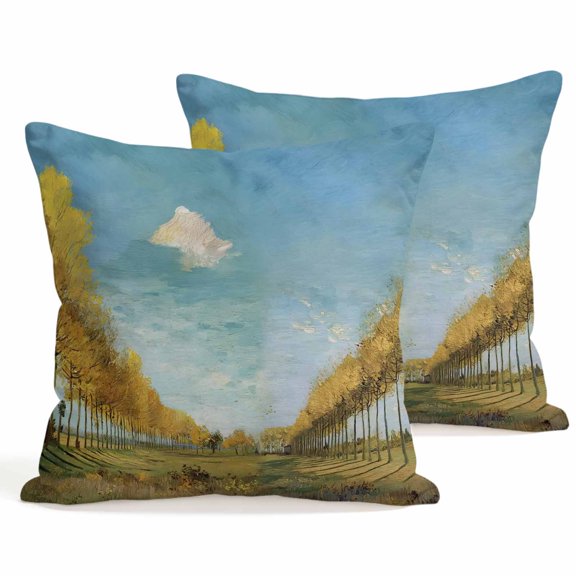 Throw Pillow Covers 18x18 Inch Set of 2 Yellow Tree Lined Path Decorative Pillows Cushion Case Soft Square Pillowcases Blue Sky Oil Painting Throw Pillows for Couch Sofa Bed Chair Home Decor