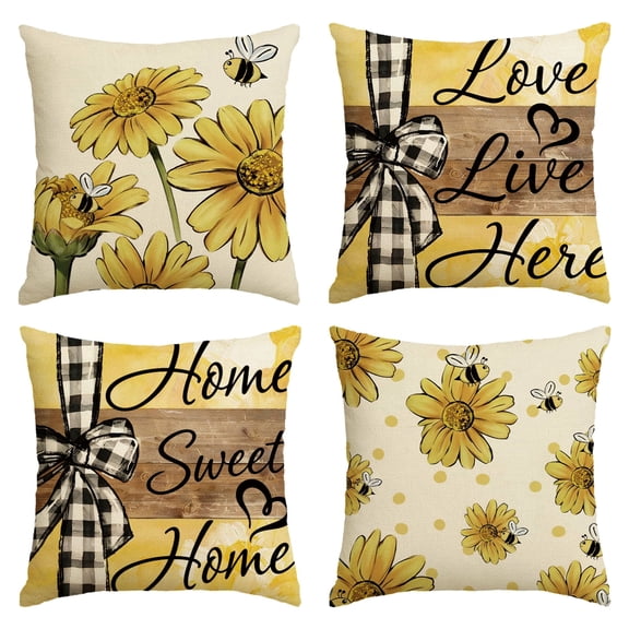 Stegali Summer Sunflower Bee Buffalo Plaid Linen Throw Pillow Covers 18x18 Inch Cushion Covers Set of 4