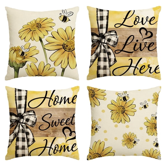 Stegali Summer Sunflower Bee Buffalo Plaid Linen Throw Pillow Covers 18x18 Inch Cushion Covers Set of 4