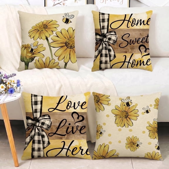 Stegali Summer Sunflower Bee Buffalo Plaid Linen Throw Pillow Covers, 18x18 Inch Cushion Covers Set of 4
