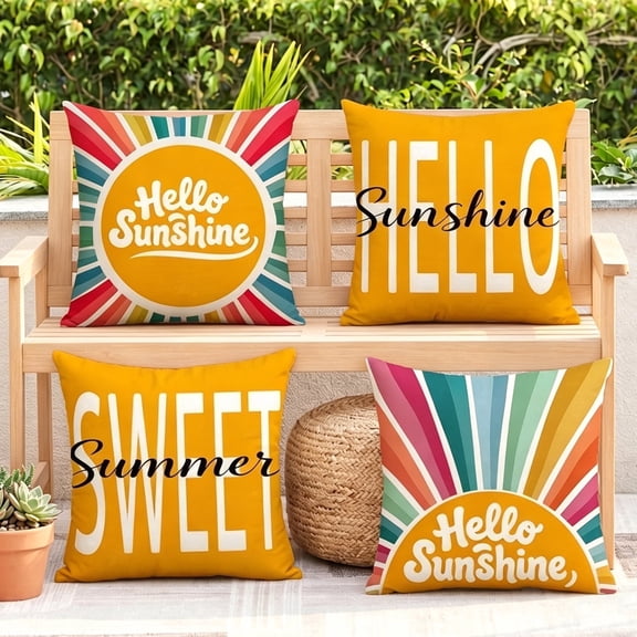 Stegali Summer Hello Sunshine Rainbow Sun Linen Throw Pillow Covers, 18x18 Inch Cushion Covers Set of 4